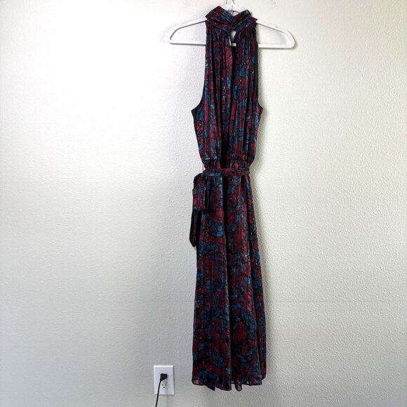 Anne Klein Twist Neck Halter Midi Dress Womens 16 W Red Blue Floral Metallic NWT - Picture 5 of 15